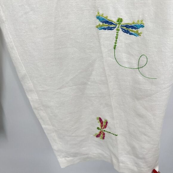 Paraphrase Womens 6 Dragonfly Embroidered Cropped White Lined Linen Pants Boho - Picture 6 of 11